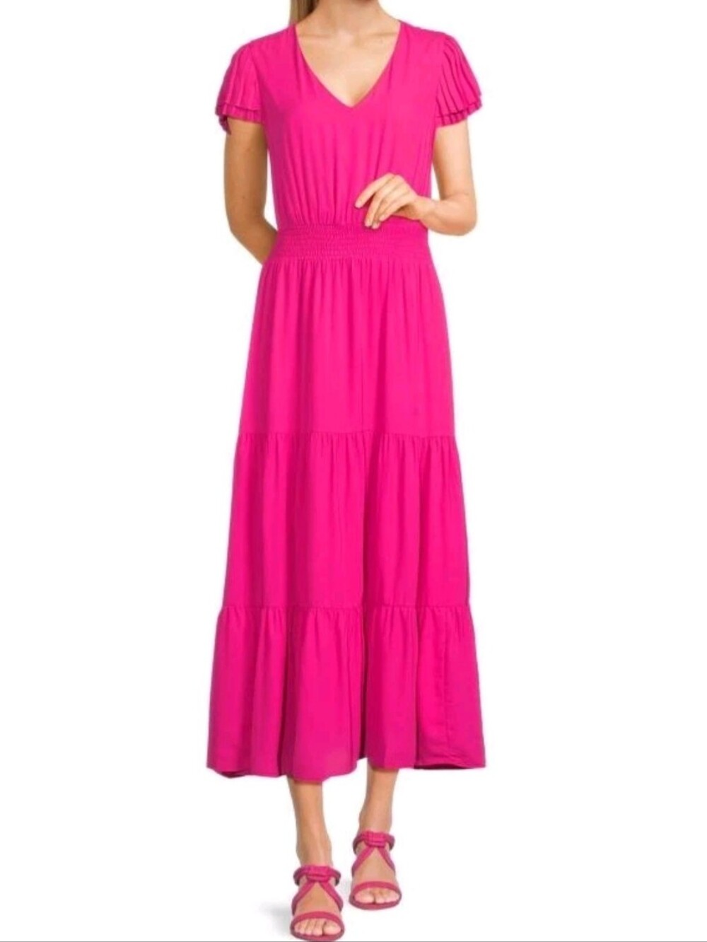 Nanette Lepore Smocked Tiered Midi Dress Rose Pink Pleated Sleeve V Neck 20 W